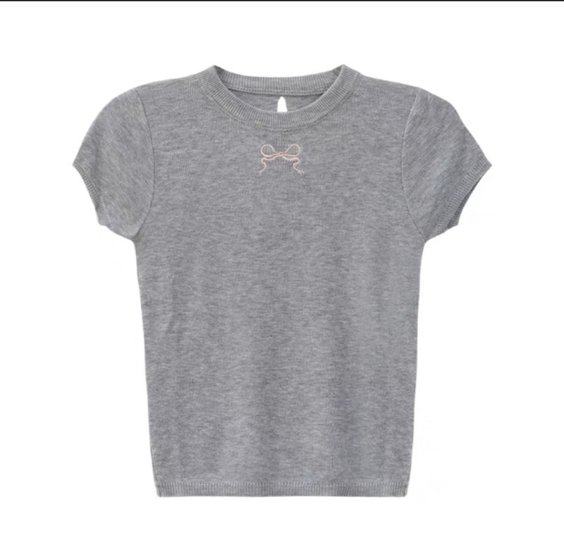 ブルーリボン刺繍薄手ニット半袖Tシャツレディース2025夏新作中空ショルダーシャツトップ|undefined