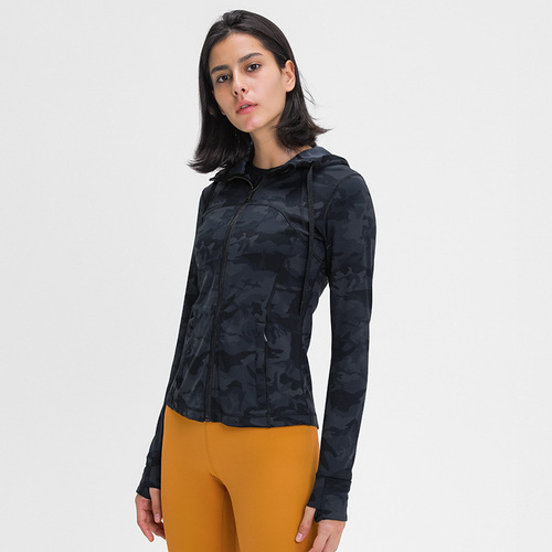 New Autumn and Winter Women's Sports Hooded Jacket Women Slim Shaping Stretch Printed Running Zipper Yoga Jacket