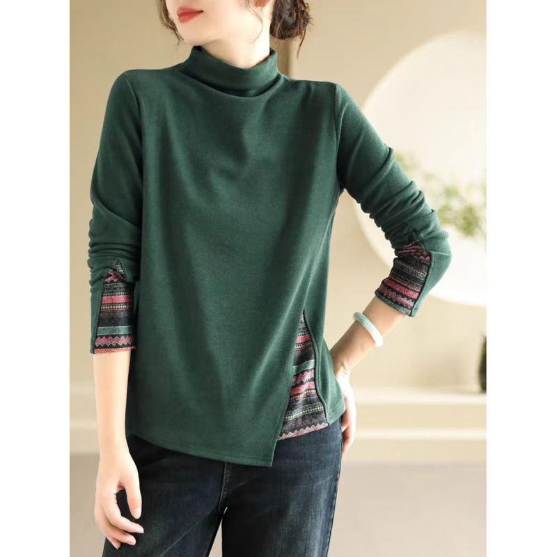代勒秋冬文艺澳绒长袖T恤女半高领纯色复古民族风贴布打底衫