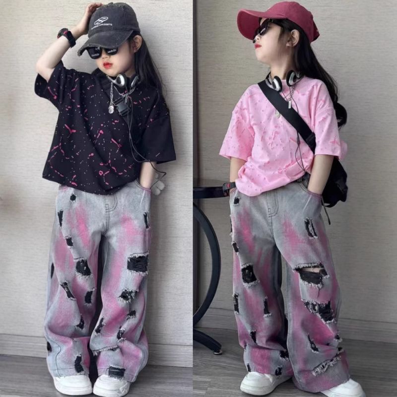 Girls' Summer Trendy Design Ripped Loose Short-Sleeve Personalized Street-Style Ripped Denim Wide-Leg Pants Hip-Hop Set Girls' Summer Trendy Design Ripped Loose Short-Sleeve Personalized Street-Style Ripped Denim Wide-Leg Pants Hip-Hop Set