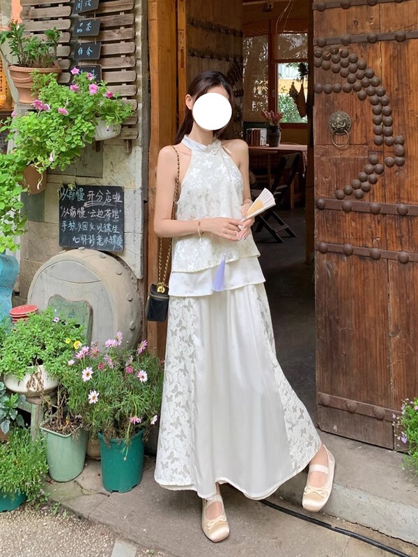 新中式国风旗袍清冷感禅意穿搭一整套挂脖上衣半身裙子套装女夏季|undefined