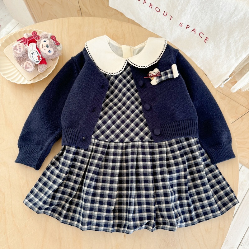 【柠里】小学妹！女童连衣裙秋装新款洋气宝宝针织开衫裙子套装潮|undefined