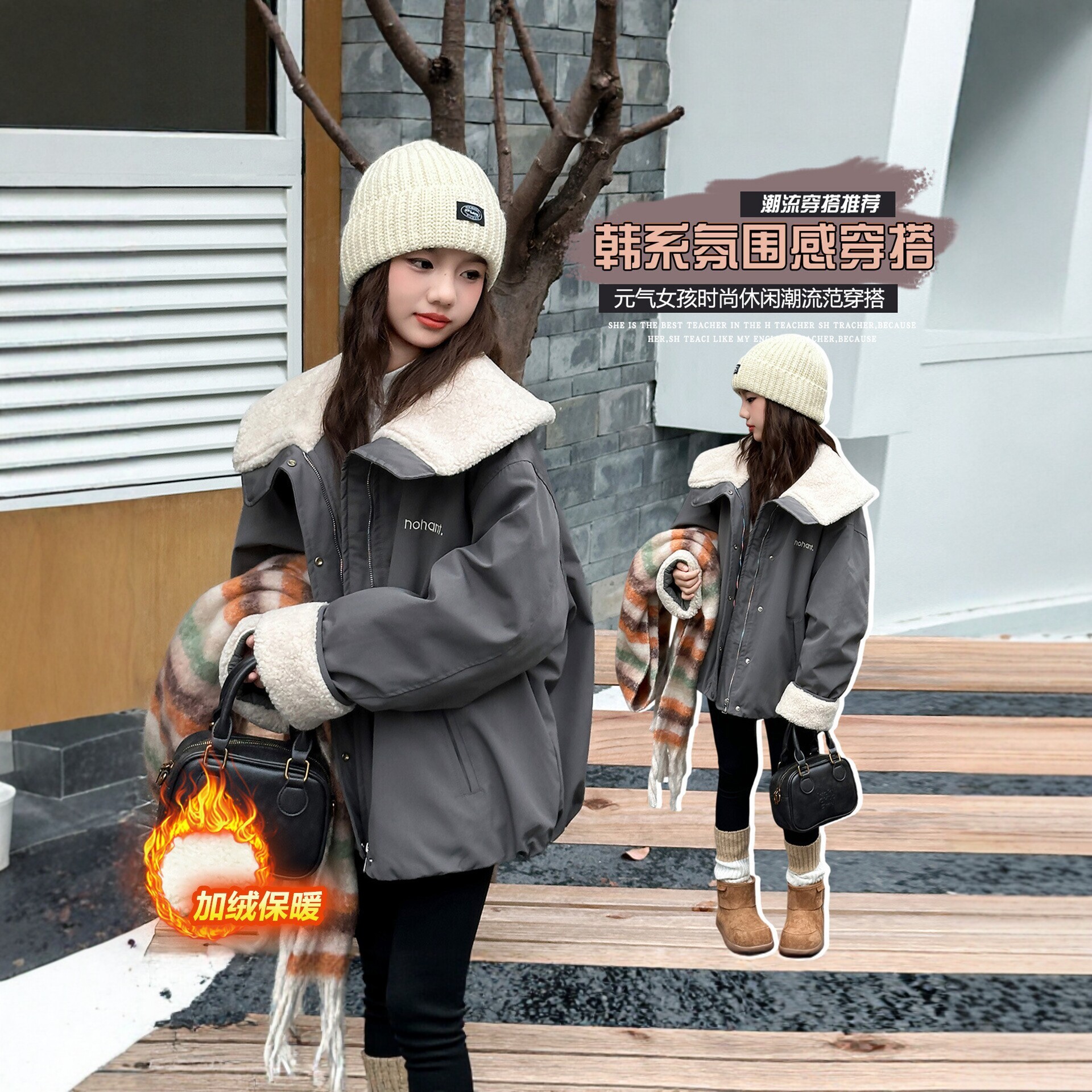 女童加绒棉服2026新款中大童羊羔毛翻领工装外套冬季加厚保暖棉衣