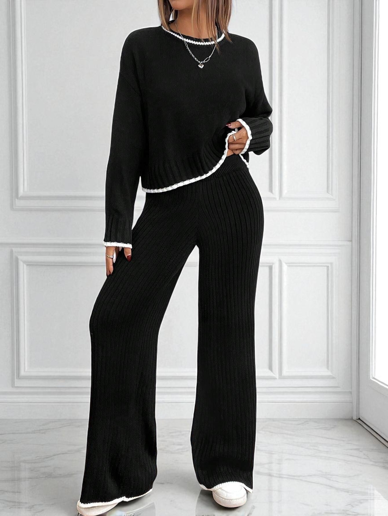 Aria Basics Aria Basics Hot-Selling European And American Women's 2025 Autumn Winter New Fashion Long-Sleeve Knitted Top High-Waisted Wide-Leg_ecoleips.com