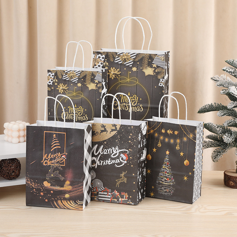 跨境外贸黑色圣诞雪人礼品袋圣诞节派对礼品糖果袋牛皮纸手提袋