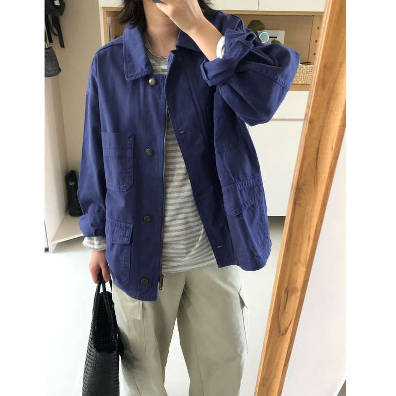 In-stock designer style clean retro blue-toned lapel work jacket for women, loose fit, multi-pocket casual jacket for autumn In-stock designer style clean retro blue-toned lapel work jacket for women, loose fit, multi-pocket casual jacket for autumn