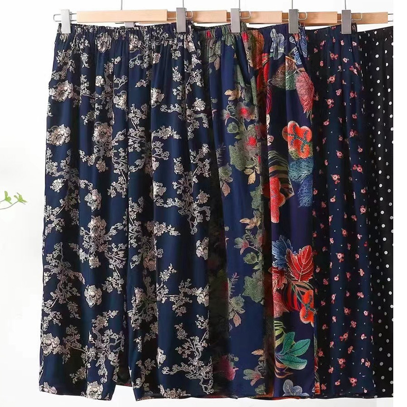 Summer Mom Middle-aged and Elderly Women's Large Size Cropped Pants Cotton Silk Elasticated Waist Flower Pants Culottes Printed Loose Straight Pants