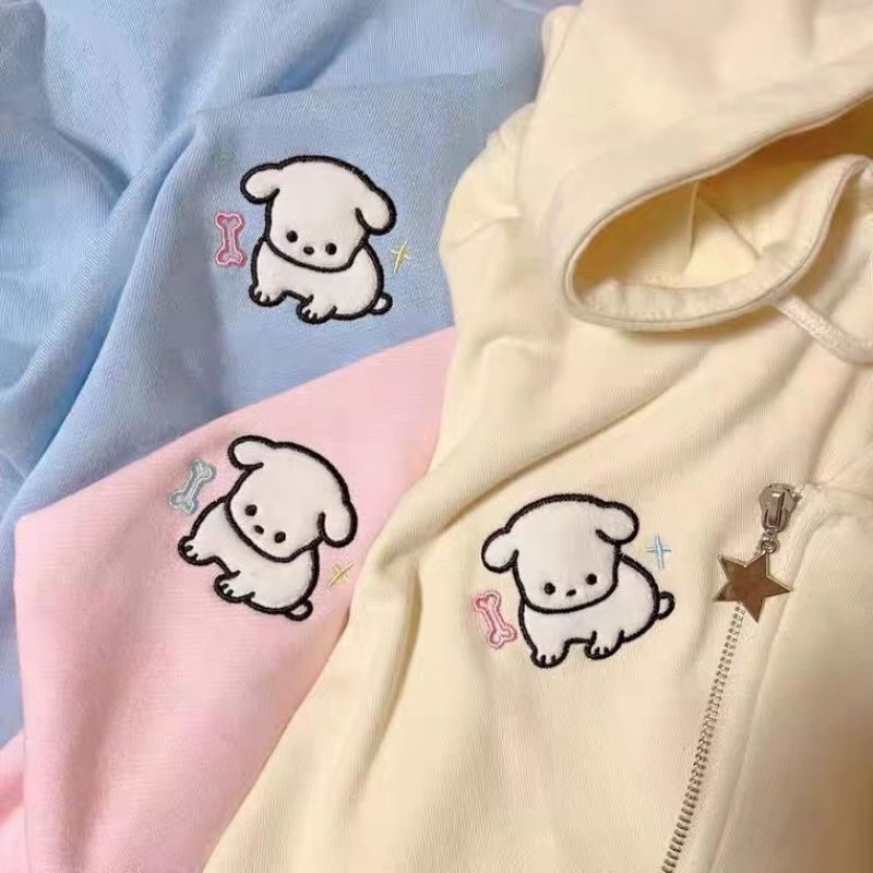 Japanese-Style Cute Sweet Star Puppy Embroidery Loose Versatile Hooded Cardigan Women's Sweatshirt Ins Trendy Spring Summer Thin Style