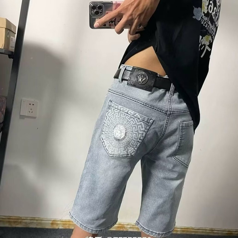 Summer Stylish Design Men's Jeans with Back Pocket Print, High-End Slim Straight Light Blue Shorts for Men