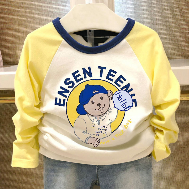 新しい男の子の長袖のtシャツの春秋の金の熊のプリントの中で大きい子供の百合の底のシャツの韓国版の子供服|undefined