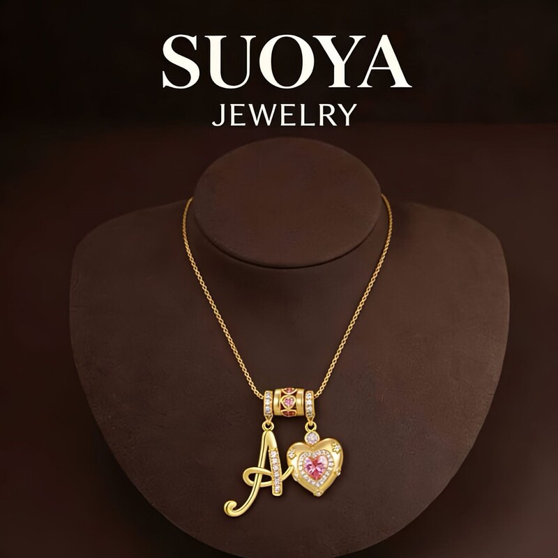 Tk Popular Copper Micro-Inlaid Zircon Pink Heart Three-Piece Pendant Clavicle Chain Elegant Versatile Letter Necklace Jewelry