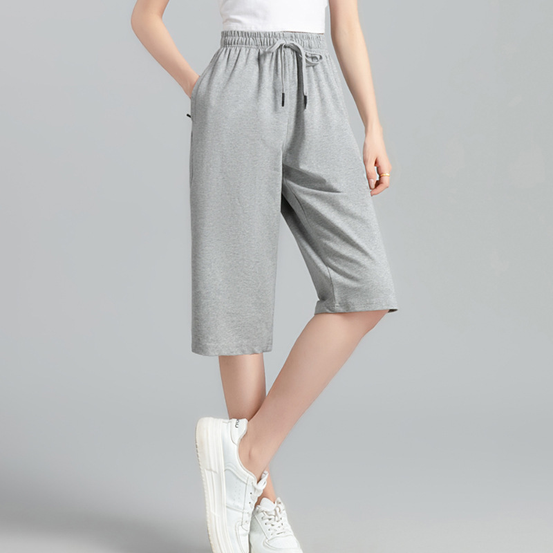 Capri Pants for Petite Women, Summer Sports Pants, Solid Color Cotton, Plus Size Casual Pants, Mid-Length Pants with Zipper Pockets, Sweatpants