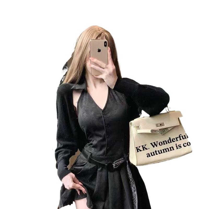 辣妹25美拉德穿搭秋季新款气质显瘦无袖背心连衣裙女配腰带开衫|undefined