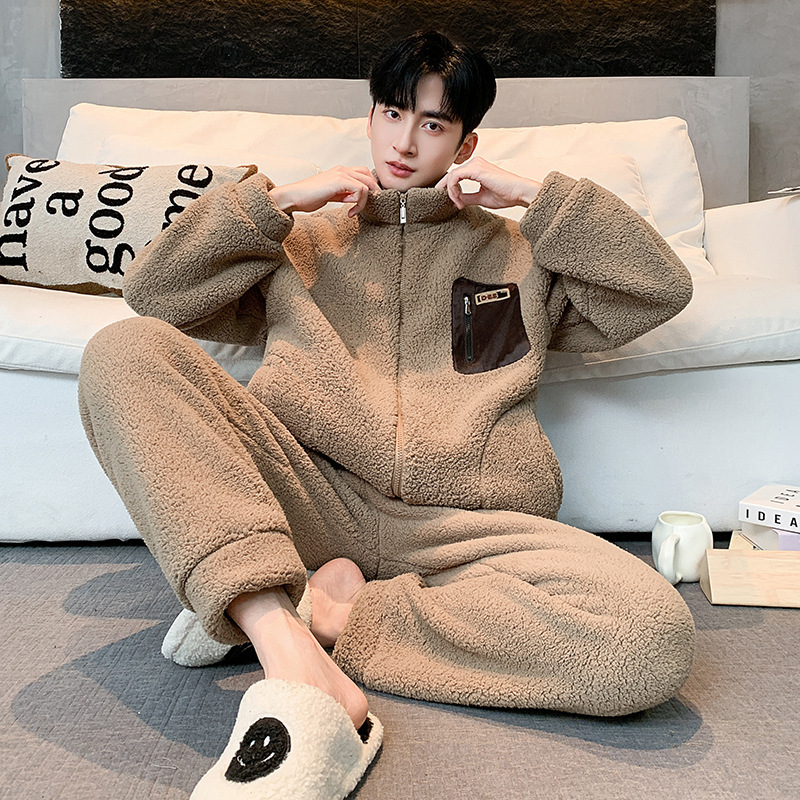 Men's Coral Velvet Warm Pajamas Autumn and Winter Thickeneded Fleece-Lined Cashmere Youth Zipper Flannel Home Clothes