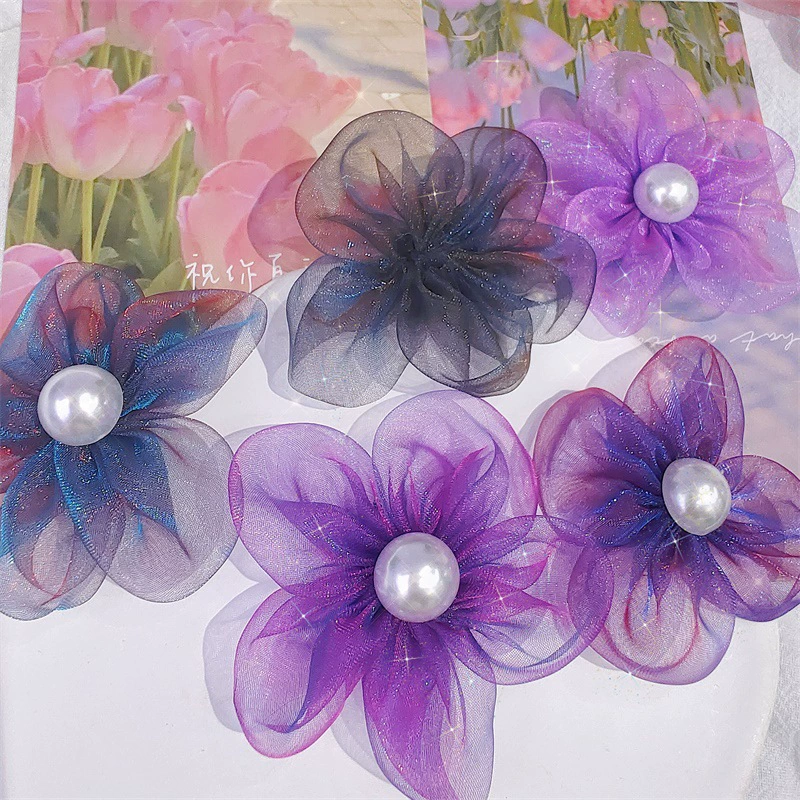 虞倾 新款65mm布艺珍珠花朵 diy欧根纱紫色花瓣手机壳服装材料