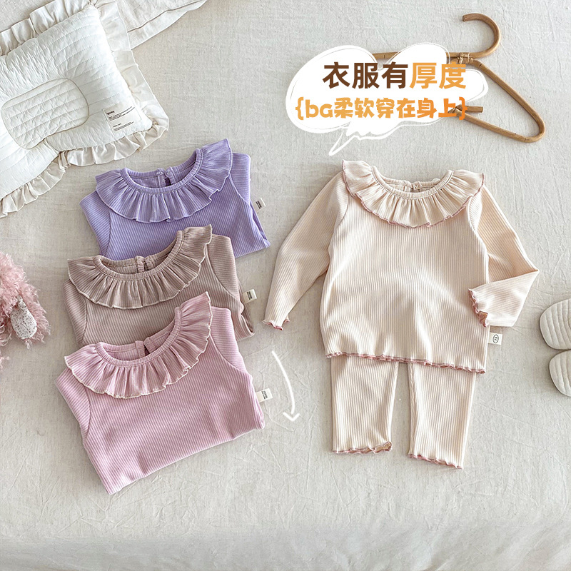 [Ninguna devolución no cambio] ropa de hogar de color sólido para niños pequeña izquierda pequeña derecha invierno conjunto de niñas collar de hoja de loto dos piezas de moda