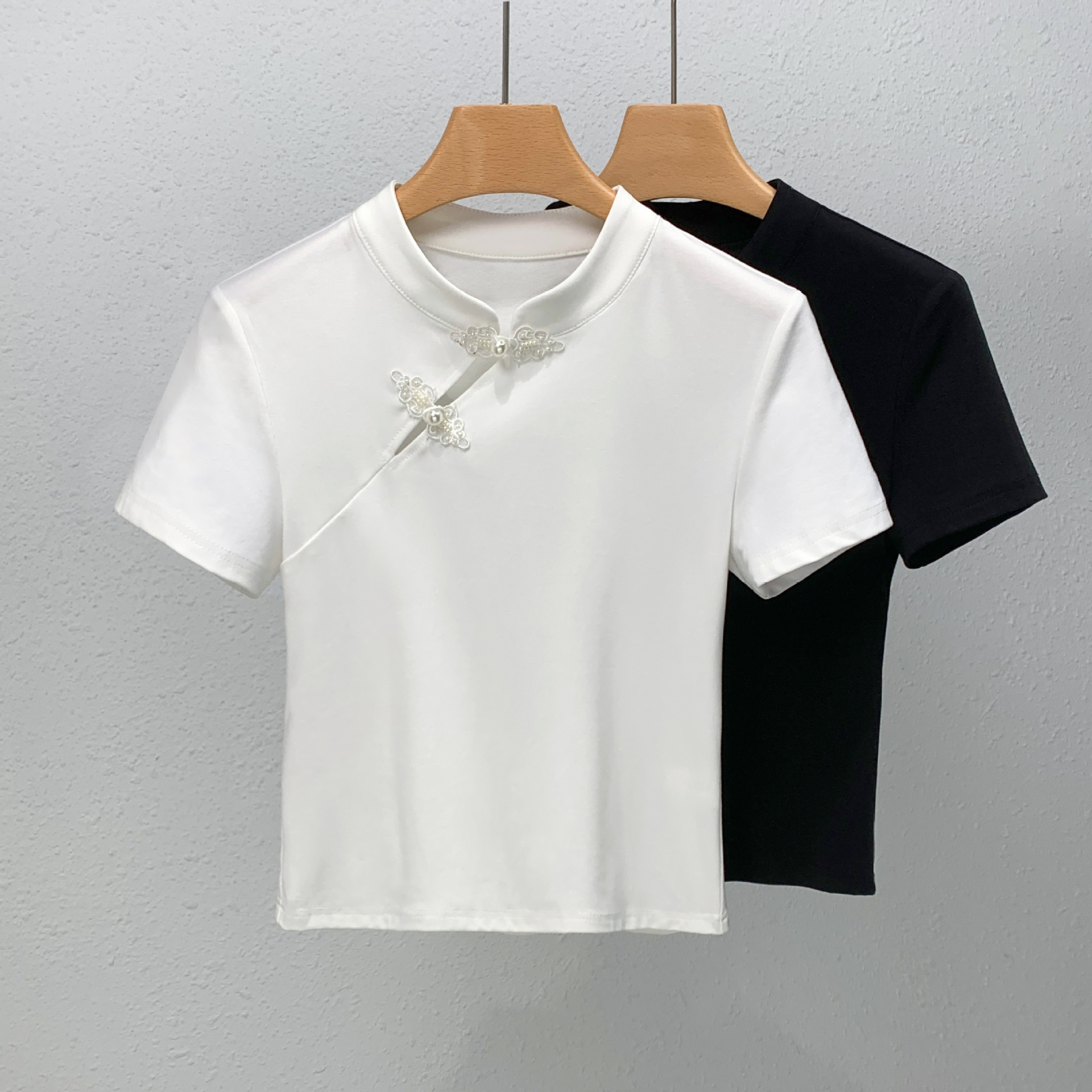 2025 camiseta de manga corta de mujer nueva ropa de mujer verano retro cuello de algodón sólido camiseta de abrazadera de estilo antiguo collar image 3