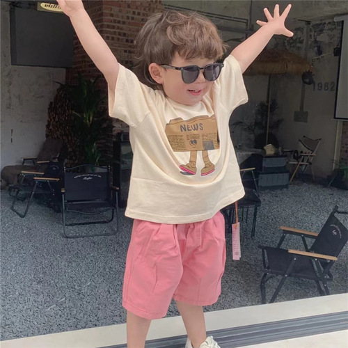 Children's short-sleeved T-shirt 2024 trendy brand children's clothing baby Japanese style children's tops children's high street boys' T pink shorts