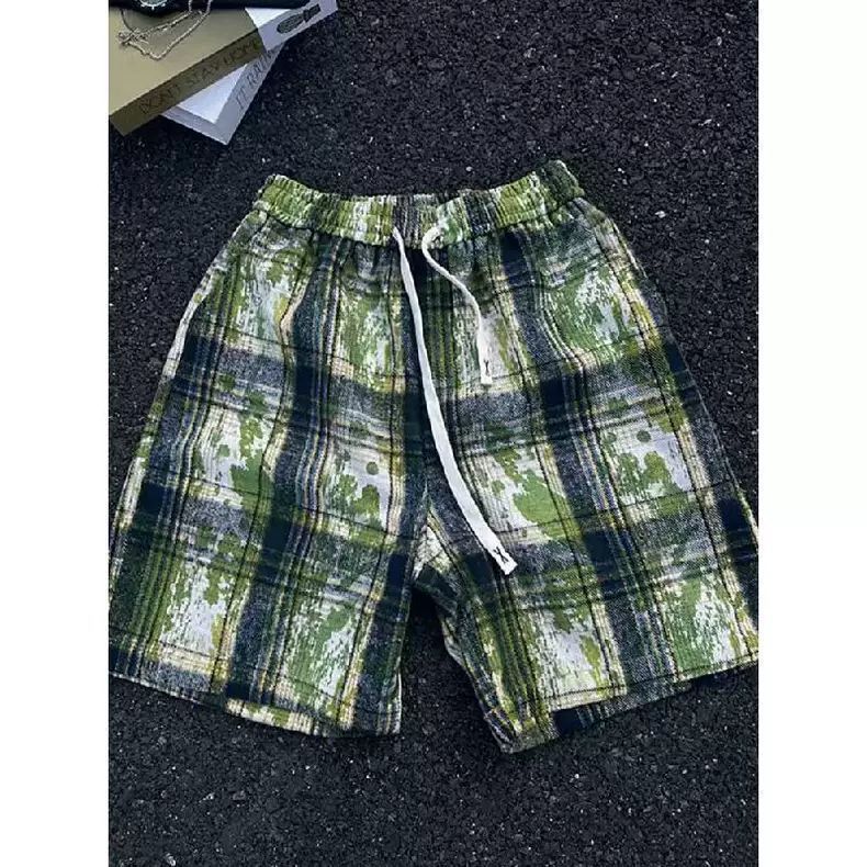 Trendy High Street Casual Retro Tie Dye Plaid Shorts Loose Fit For Men And Women Suitable For Wearing Outside And At The Beach_viptrois.com