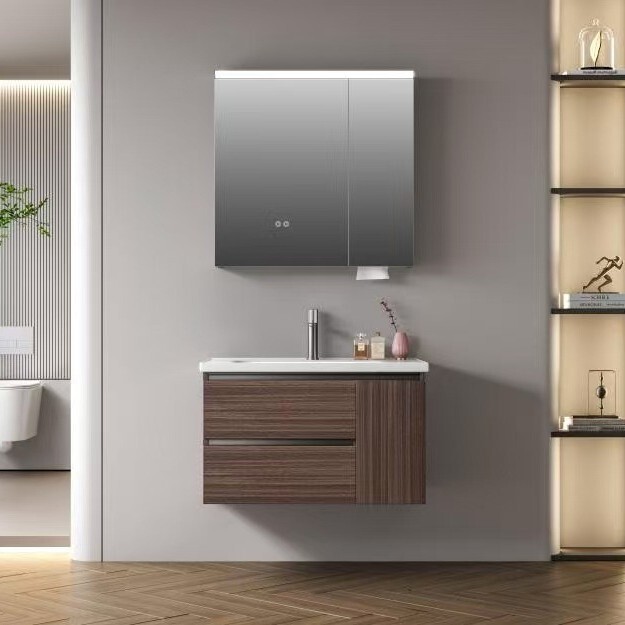 Stainless Steel Bathroom Cabinet in Walnut Color, Vintage Style Bathroom Vanity, Hotel Washbasin, Bathroom Sink with Integrated Ceramic Basin