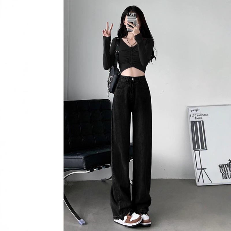 高腰直筒牛仔裤女春秋季薄款2025新款小个子宽松直筒阔腿拖地裤子|undefined