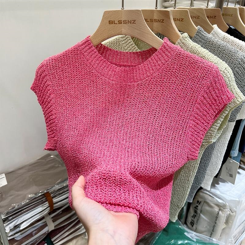 European-Style Short-Sleeve Knit Top for Women, Summer 2026 New Model, Ice Silk Hollow-Out Unique Design, Sleeveless Short Top for Women