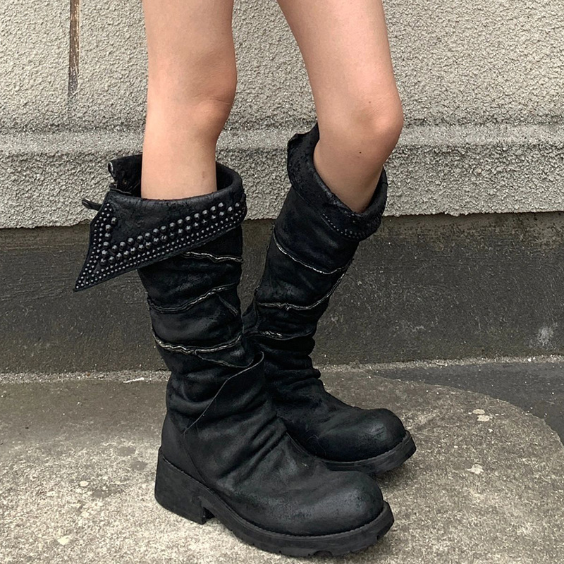 European and American Style Round-Toe Chunky Heel Western Cowboy Boots for Women, Autumn and Winter Studded Suede Riding Boots, Long Boots (Tax Not Included) European and American Style Round-Toe Chunky Heel Western Cowboy Boots for Women, Autumn and Winter Studded Suede Riding Boots, Long Boots (Tax Not Included)