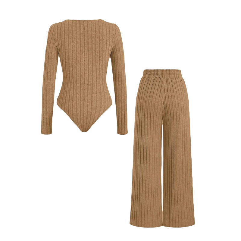 2025 European and American Export Women's Square Collar Pure Color Long-Sleeved Bodysuit and High-Waist Decorative Belt Straight Pants Suit