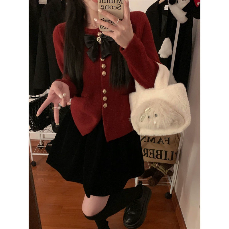 Женский вязаный свитер с бантом осень-зима 2023 новый высококачественный Свободный Топ с короткими рукавами во французском стиле простой