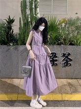 紫色小飞袖温柔风连衣裙夏季女法式气质显瘦感奶甜蓬蓬长裙子