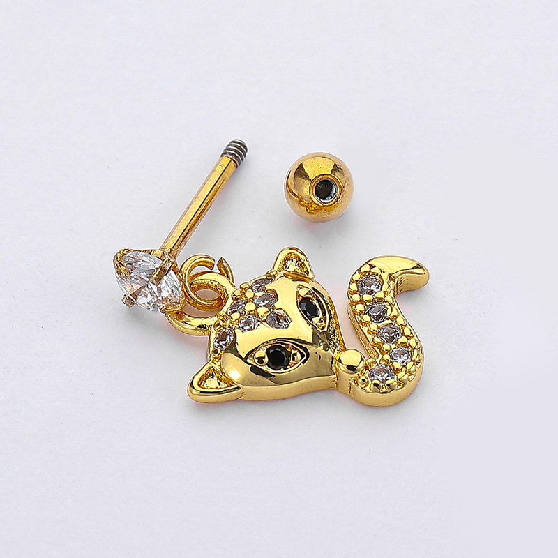 Cute Style 1 Piece Stainless Steel Zircon Ear Cartilage Rings & Studs Animal Plating Inlay 18K Real Gold Plated Unisex
