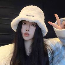 代发羊羔毛渔夫秋冬季帽子日系百搭显脸小冬季加厚保暖毛绒盆帽潮