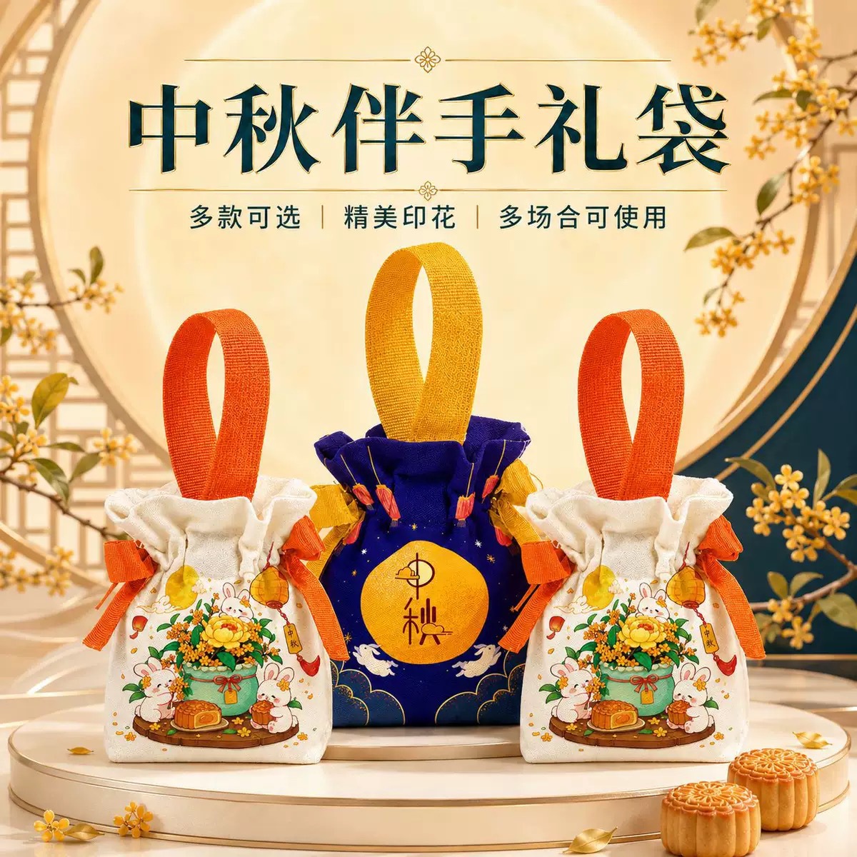 中秋月饼礼盒高档伴手礼礼品袋国风创意卡通束口袋手提包装袋定制