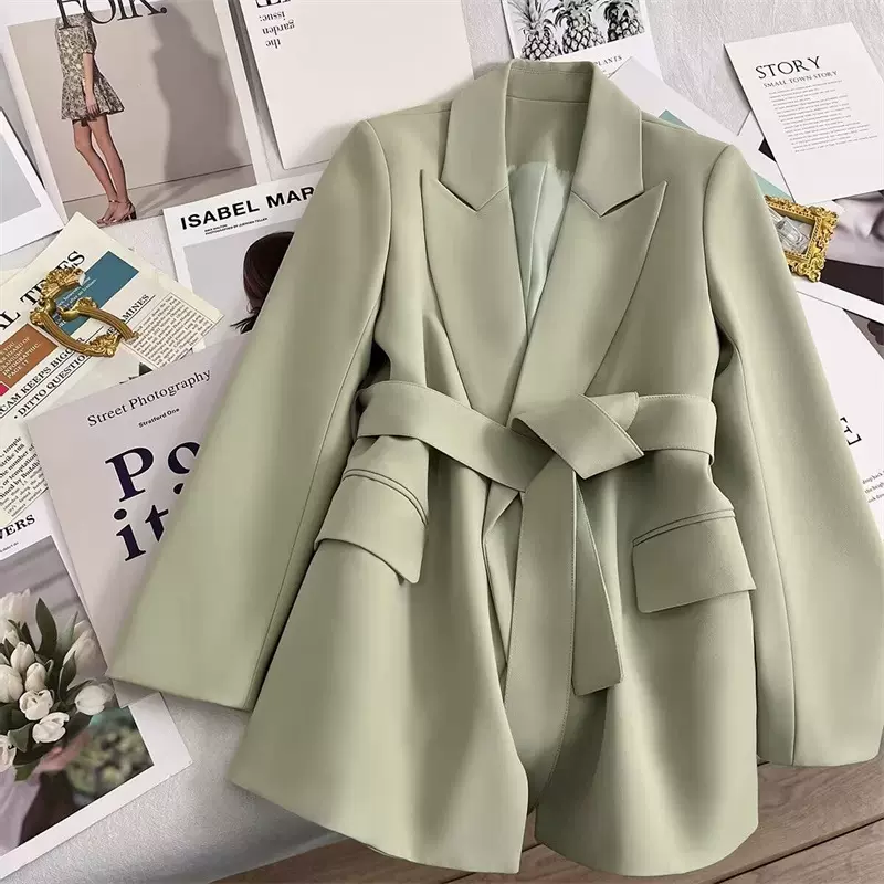 西服翡翠绿系带西装外套女2025年春季新款设计感气质韩版休闲通勤