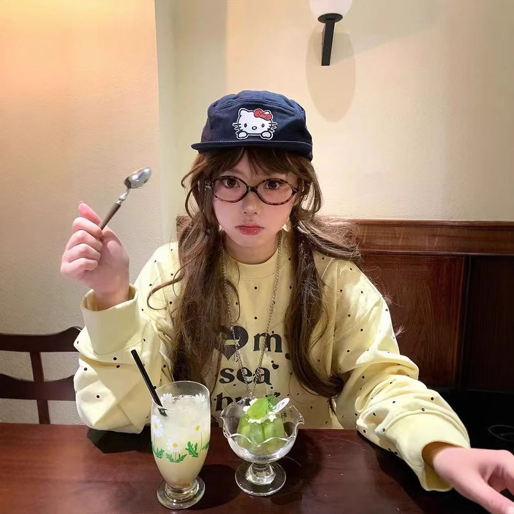 Korean Style Milky Yellow Polka Dot Full Printed Puppy Round Neck Sweatshirt for Women 2025 New Loose Lazy Chic Pullover Top