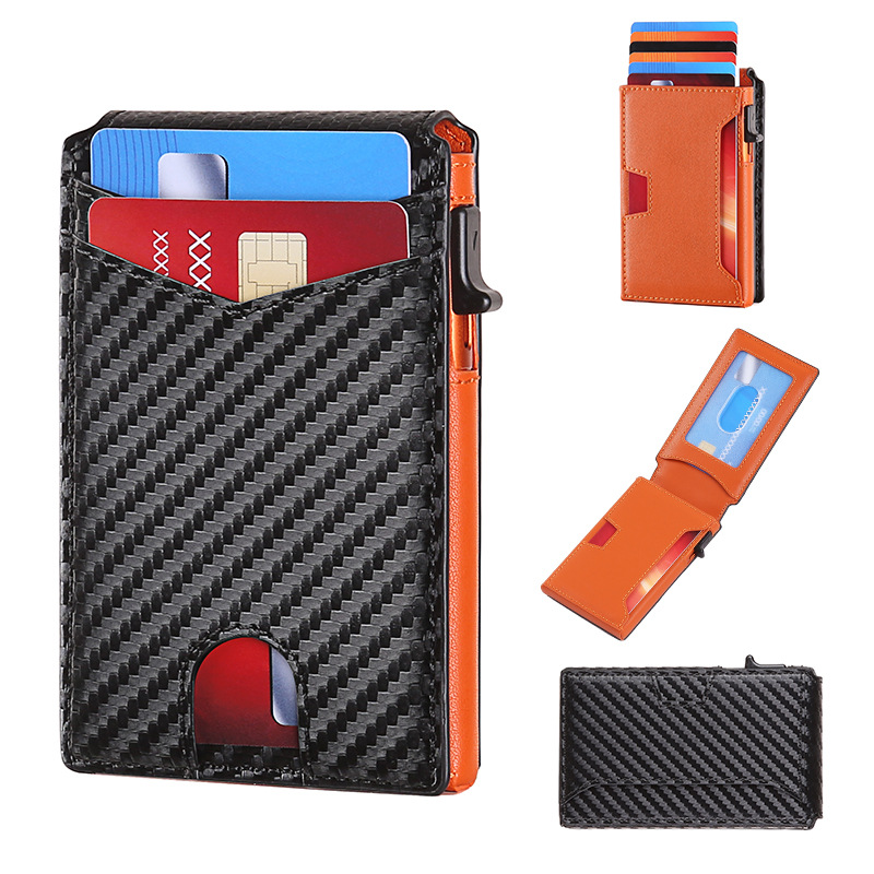 Amazon venta caliente de fibra de carbono lateral empuje bolsa de tarjetas antirrobo cepillo flip caja de tarjetas cartera flip transfronteriza stock