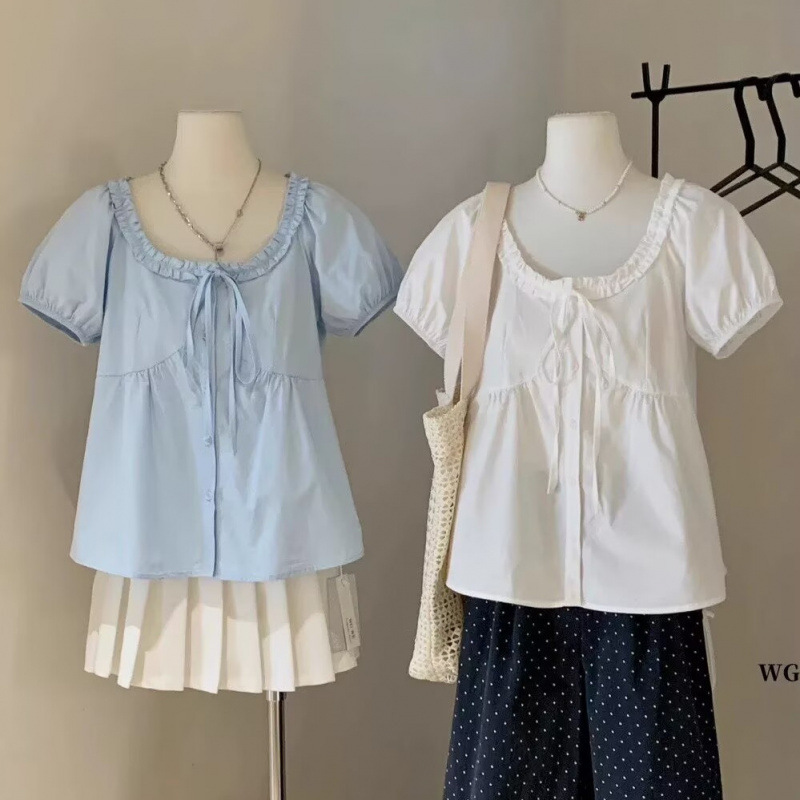 French-Style Stunning Puff Short-Sleeve Tie Shirt for Women, Summer Short-Length Niche Ruffled U-Neck Babydoll Shirt