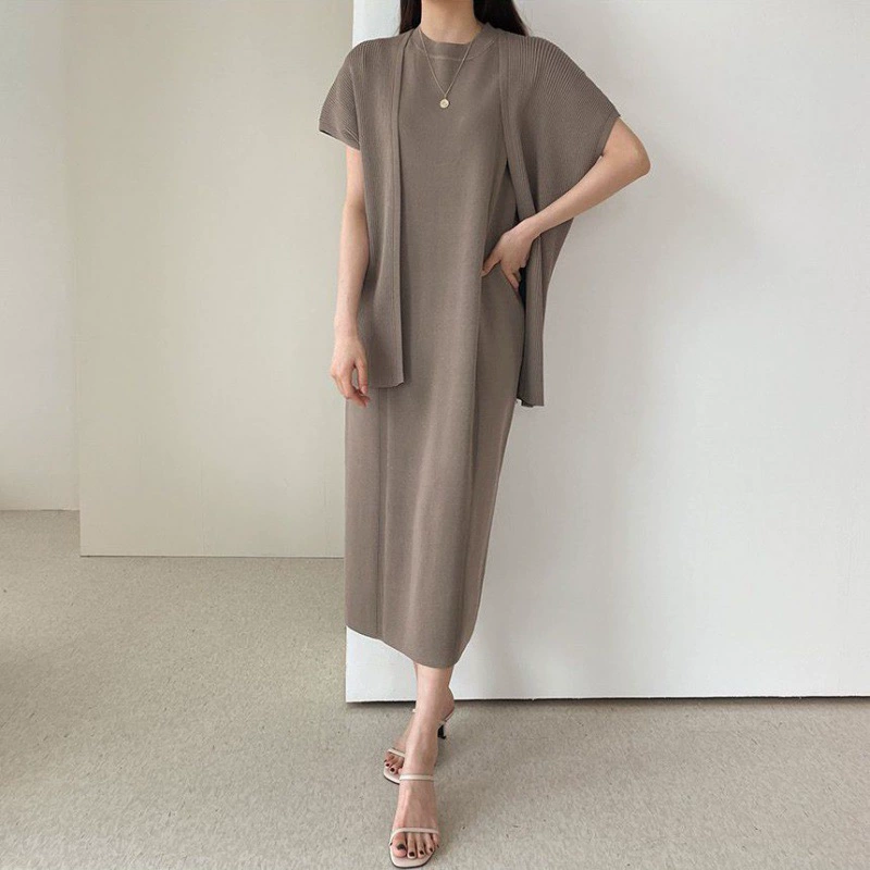 Корейский шикарный летний ретро простой вязаный кардиган с шалью + свободное повседневное платье с круглым вырезом и короткими рукавами