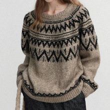 女装十三行 冰岛下雪’复古蓬松高羊驼毛几何提花费尔岛圆领毛衣