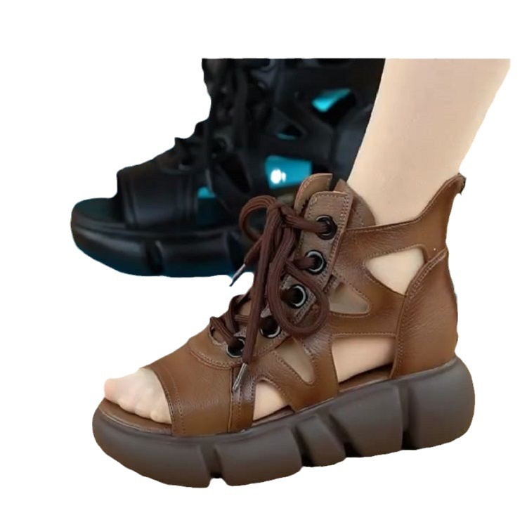 Botas de alta altura mujeres hueco transpirable 2024 nuevo verano anti-deslizante botas de boca de pez bolsas tacones sandalias romanas retro