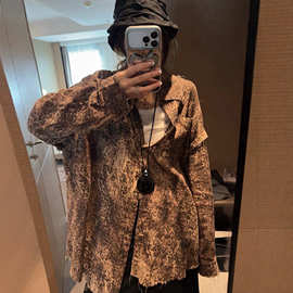 豹纹格纹两面穿衬衫一松弛感宽松长袖格子衬衣不锁边随性毛边上衣