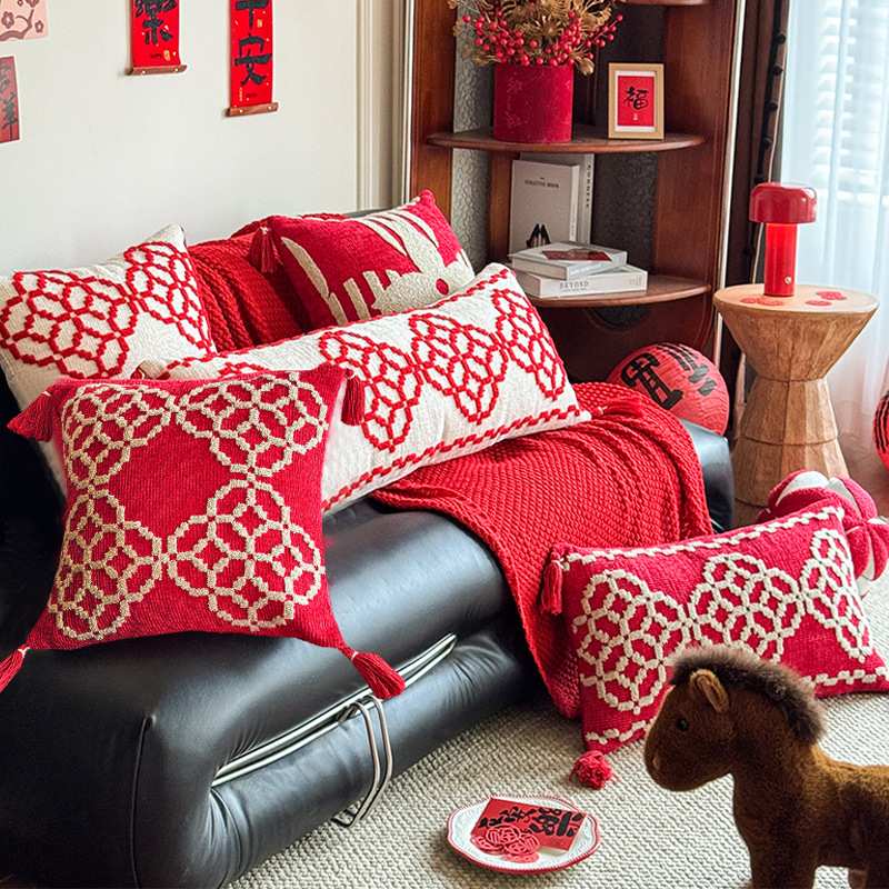 New Year's Red High-End New Chinese Style Pillow Cushion Pillowcase with Core Wedding Festive Bedroom Sofa Decorative Pillow