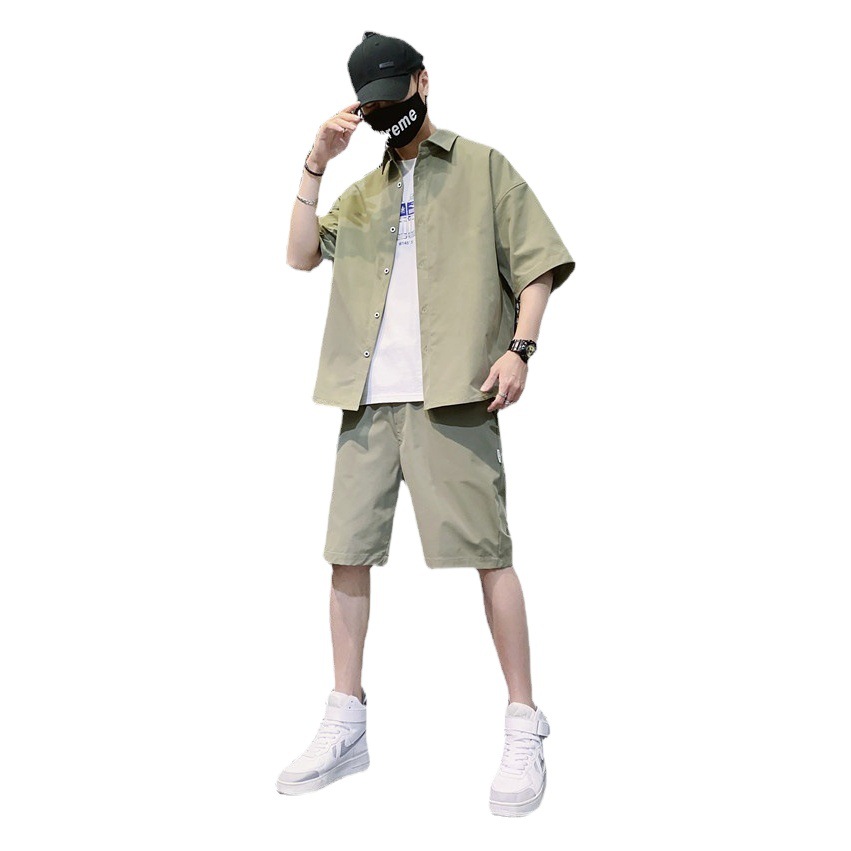 Camisa de manga corta pantalones cortos marca de moda verano nueva camisa traje de estudiante juvenil casual de dos piezas ropa de hombre