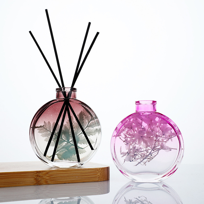 批发渐变幻彩香薰瓶子玻璃瓶扁圆无火藤条干花香薰瓶扩香瓶空瓶子