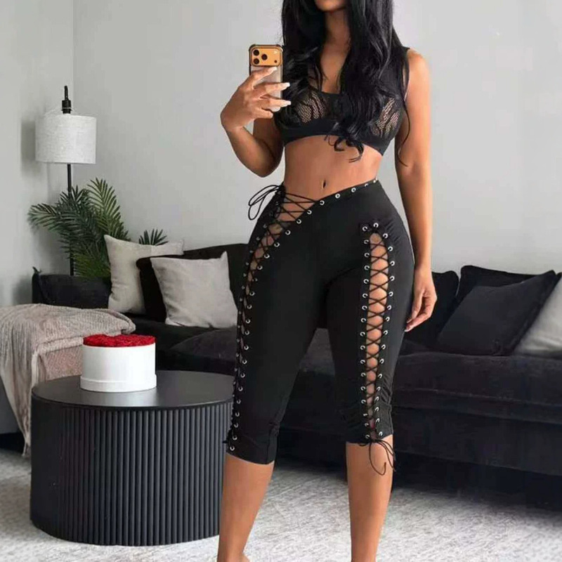 European and American style high-waisted lace-up hollow-out cropped pants with sexy strap design, fitness yoga pants, elastic sports leggings European and American style high-waisted lace-up hollow-out cropped pants with sexy strap design, fitness yoga pants, elastic sports leggings