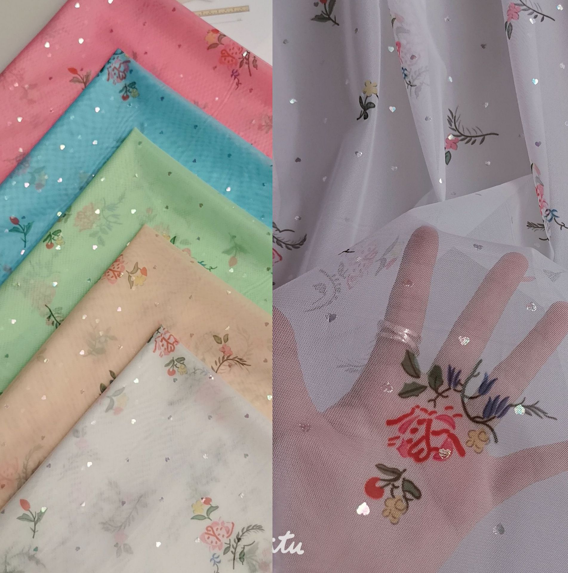 新款~小清新复古风涤长丝复丝网小花印花小爱心幻彩烫膜 裙装面料