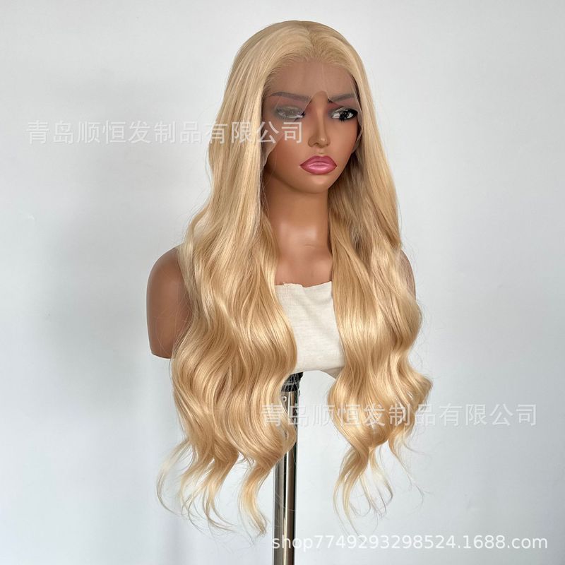 外贸欧美网红假发女 前蕾丝中长款波浪卷发金色化纤头套 工厂批发|undefined