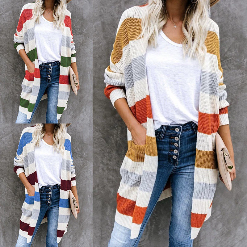 Европейский и Американский Полосатый лоскутный свитер кардиган женский 2023 Amazon осень и зима Новый длинный вязаный кардиган с карманами в тон