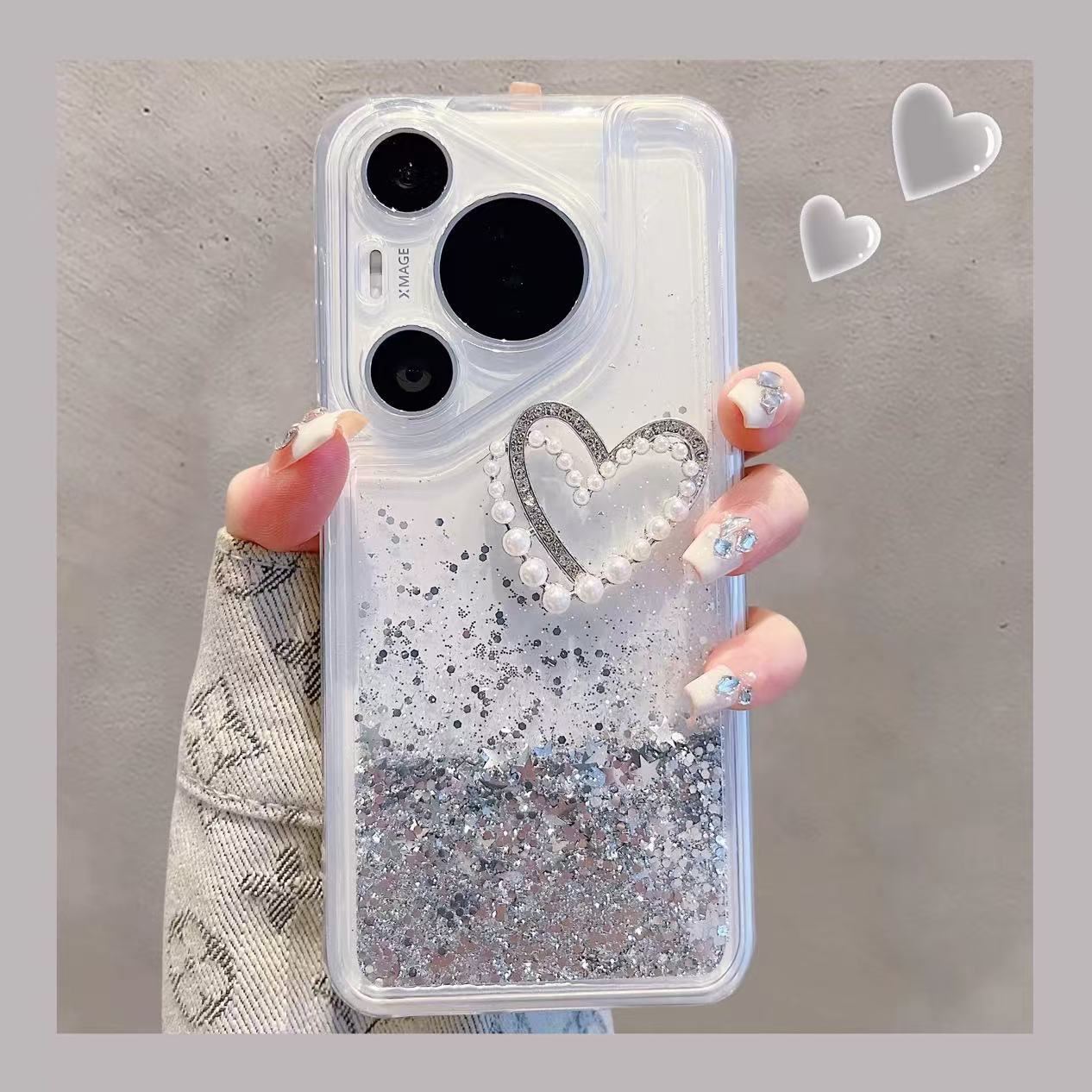 Sencillo y elegante lentejuelas plateadas movedizas para Huawei Mate70Pro Funda para teléfono móvil 60 Pearl Love P70 Pulsera