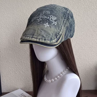 复古做旧水洗牛仔烫钻前进帽女千禧辣妹Y2K反戴贝雷帽报童帽子潮